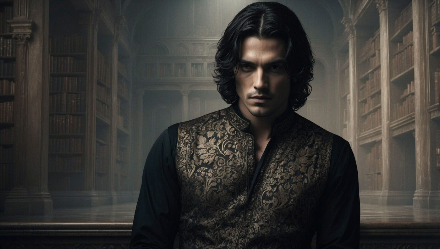 fantasy stílusú férfi karakter könyvtárban, book boyfriend kártya banner