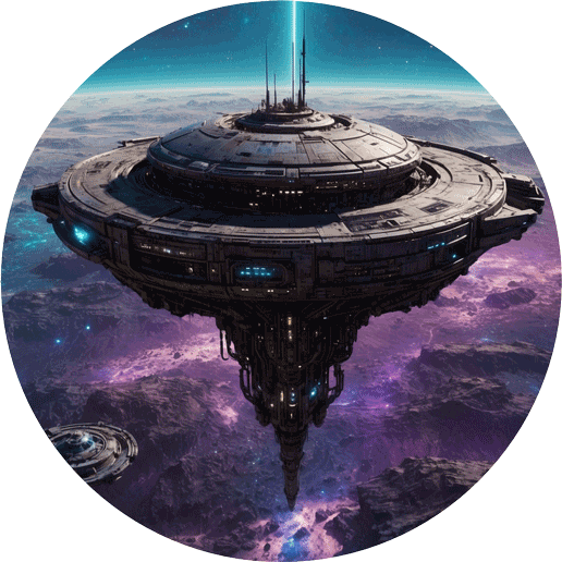 lebegő űrállomás futurisztikus háttérrel