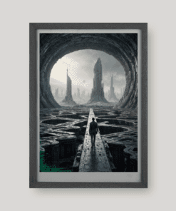 Egy alak halad egy romos sci-fi struktúrában art print A4 méretben a Greetings from the Void világából