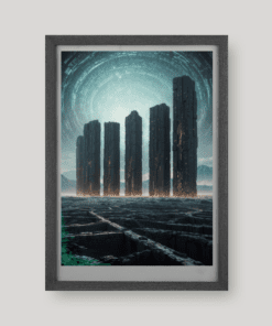 Sötét, határvidéki sci-fi táj monumentális struktúrákkal, art print A4 méretben a Greetings from the Void világából