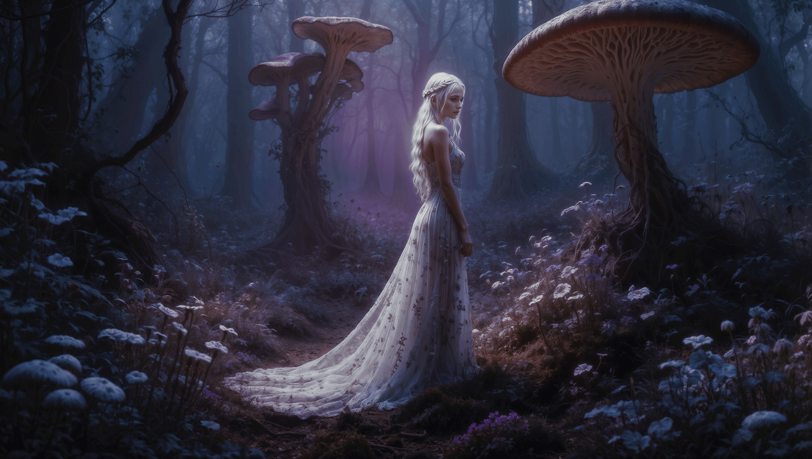 Egy elf nő sétál egy mágikus erdőben, Luna ház, Nightpages