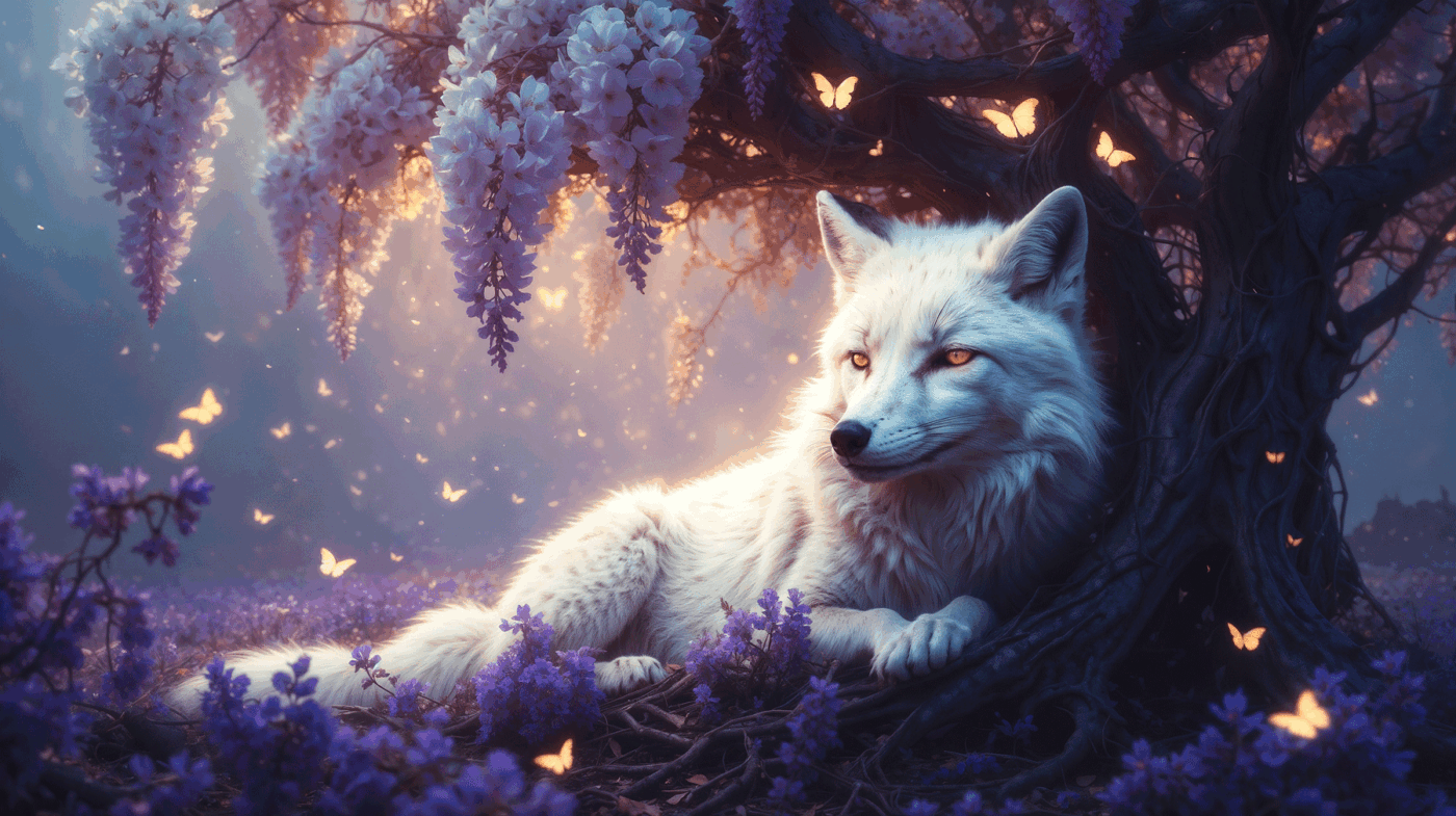 Egy fehér róka az Arcane Meadows világából. Nightpages