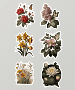 Virágok botanikus illusztrációja matricán, a NightPages Floral & Fruit Stationery kollekciójából